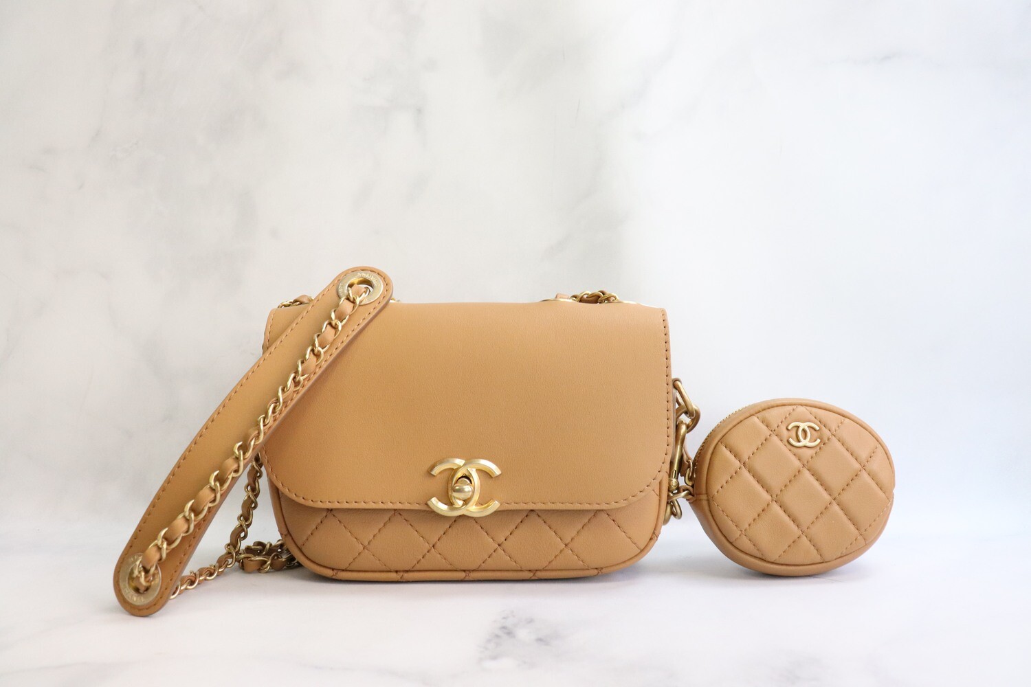 Chanel Seasonal Dark Beige Caramel Twin Bag, Calfskin Leather, Gold Hardware, Preowned in Dustbag MA001