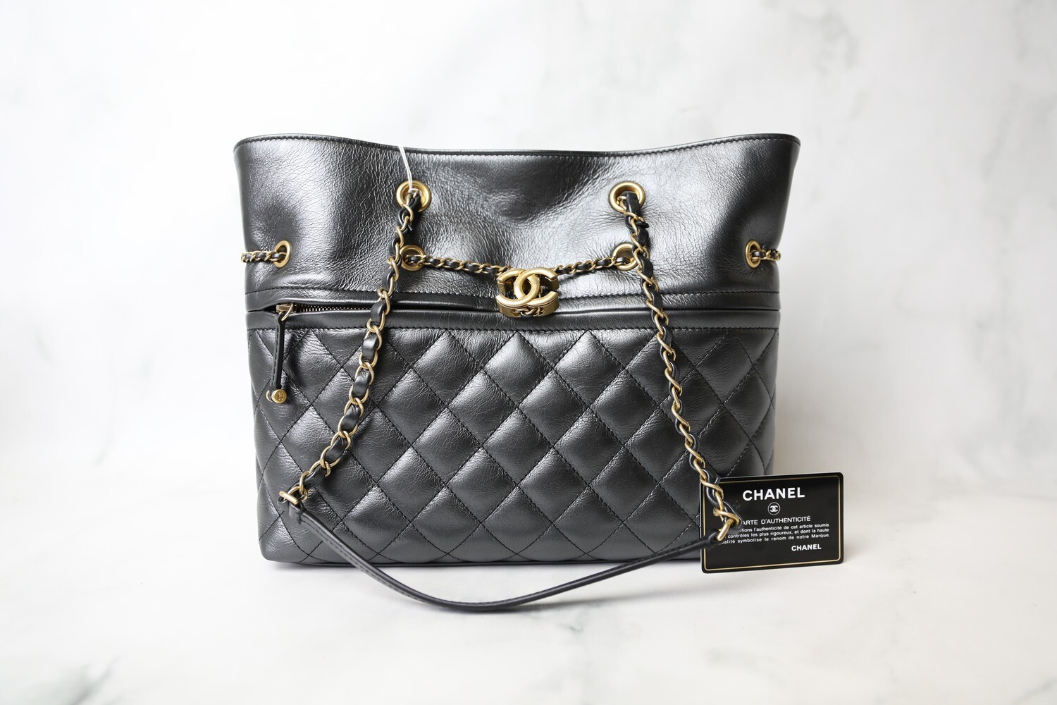 Chanel Drawstring Tote, Dark Grey Galzed Calfskin with Gold Hardware, Preowned in Box WA001