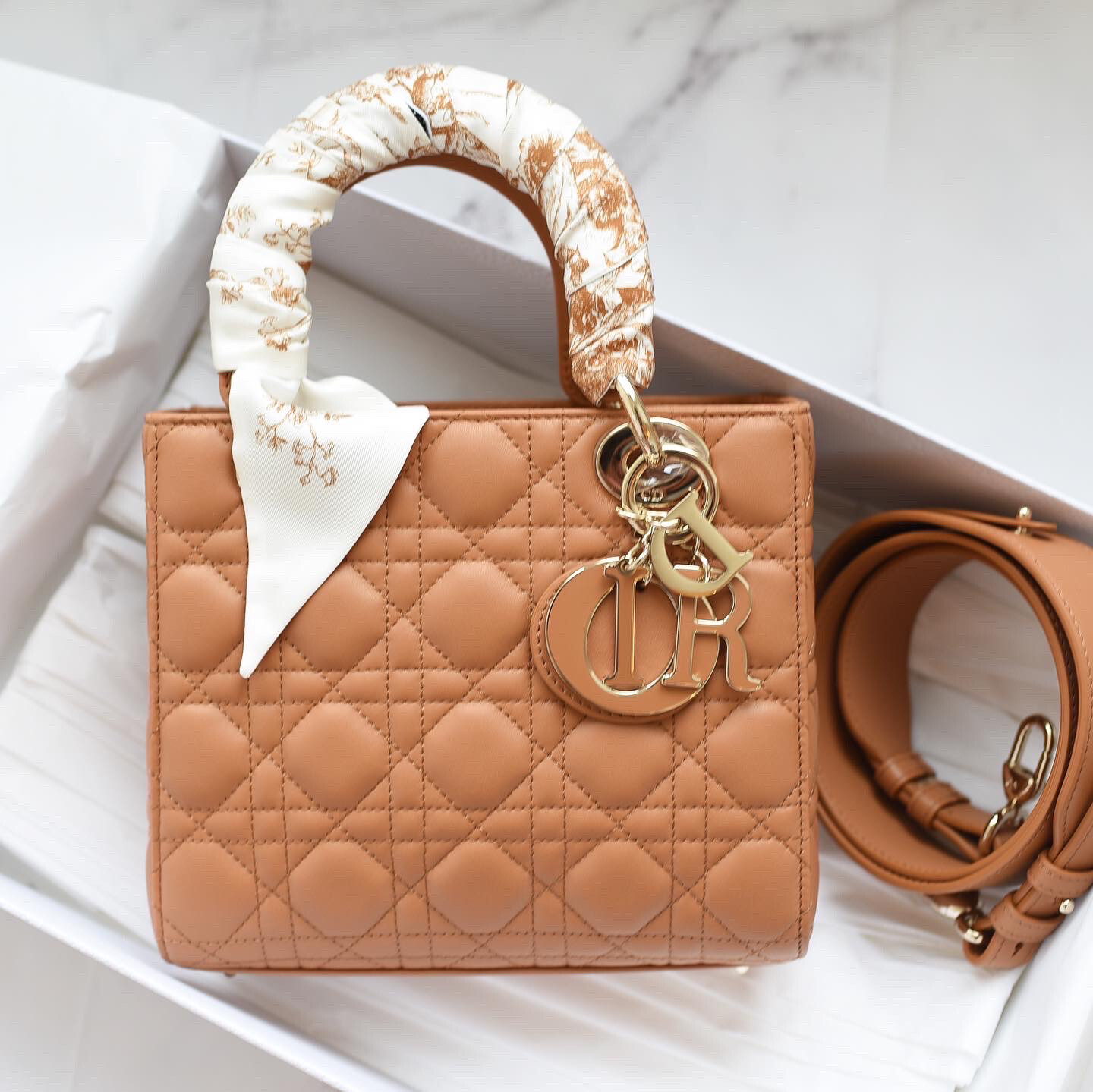 Christian Dior Lady Small MyABC Dior, Cognac Leather With Gold Hardware, New In Box (Paris Sourced) With Matching Twilly