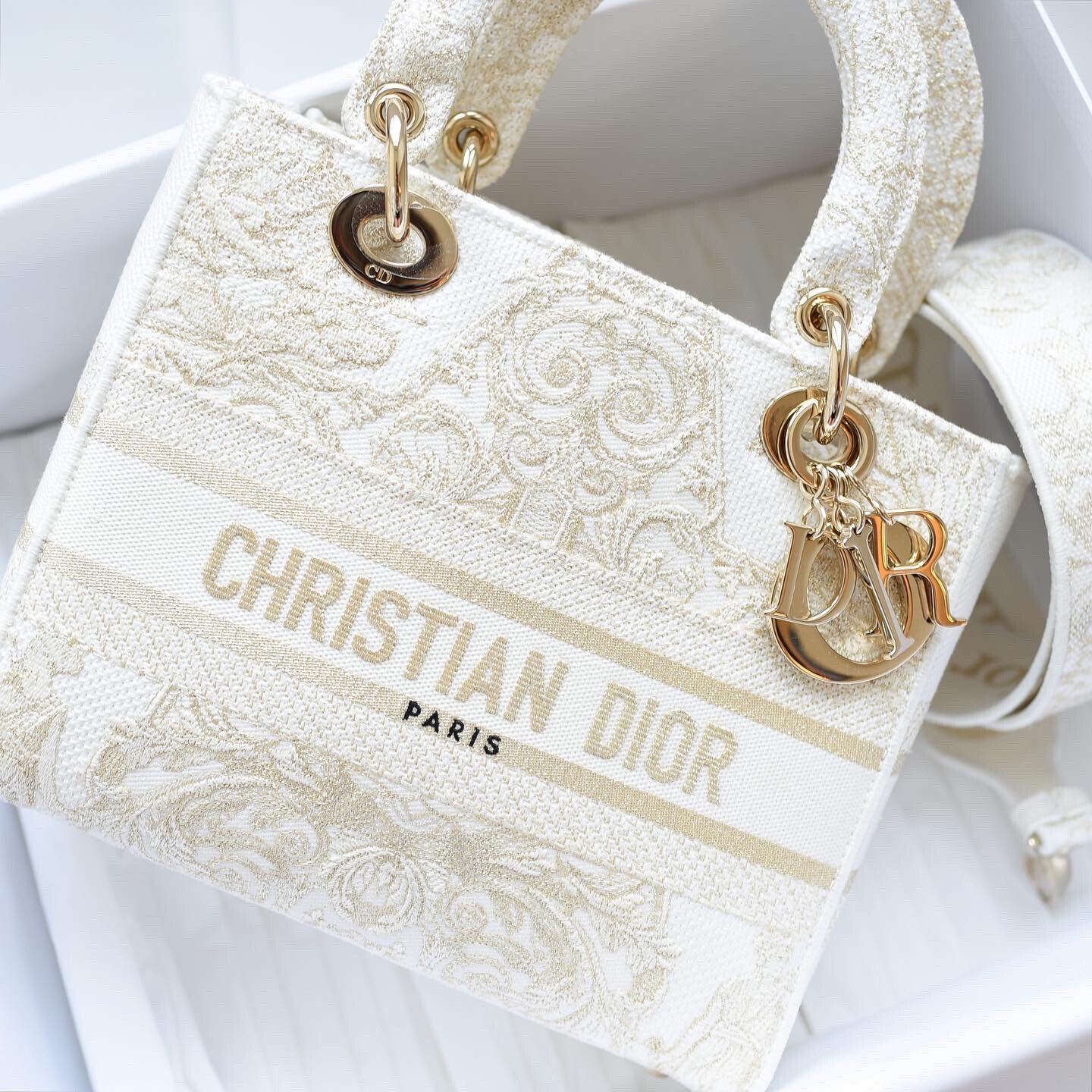 Christian Dior Lady Dior Medium DLite White And Gold Embroidery Fabric Bag, Gold Hardware, New In Box (Paris Sourced)