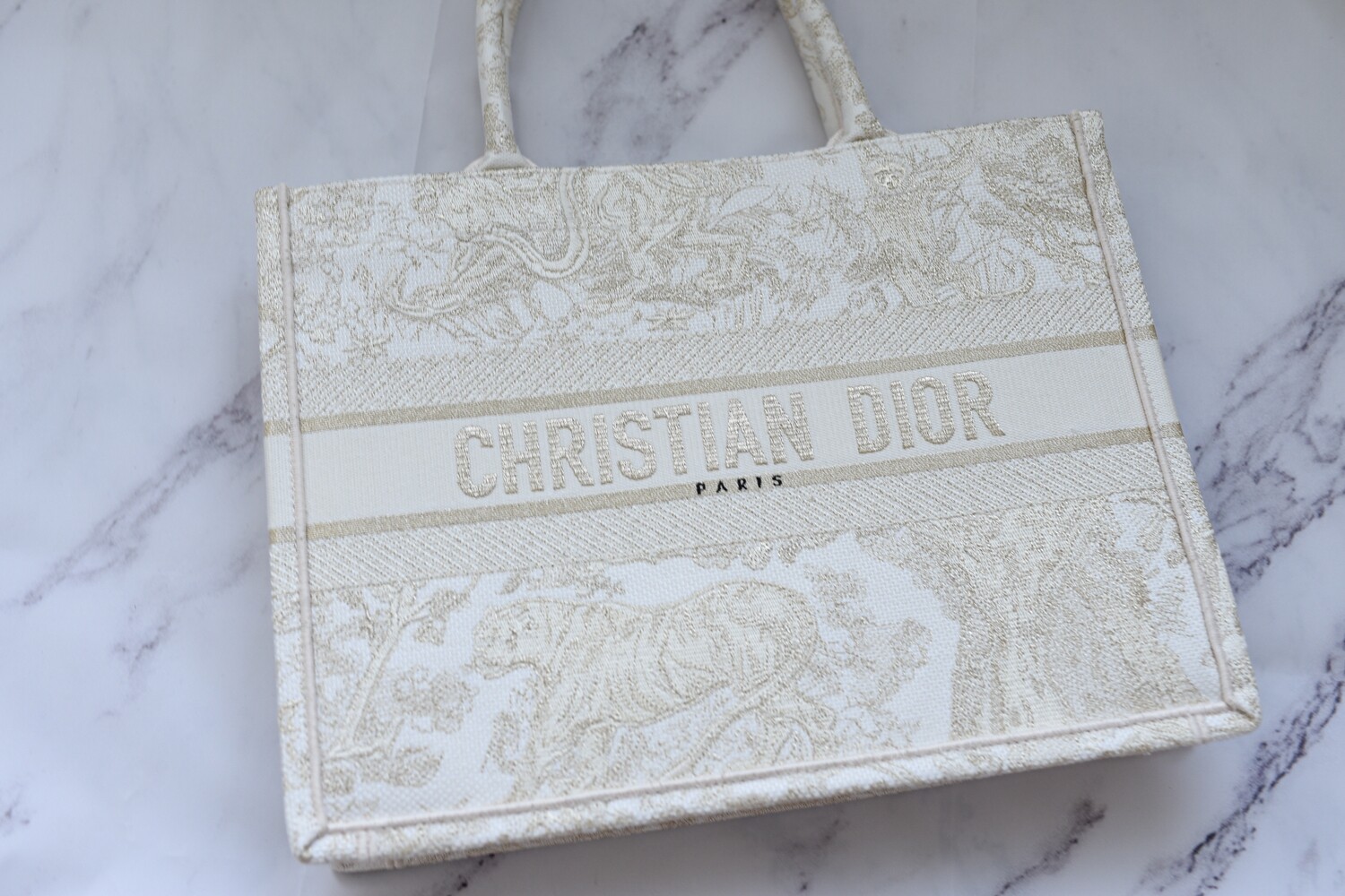 Christian Dior Booktote Small, Ivory Canvas with Gold Embroidery, New In Dustbag (Paris Sourced)