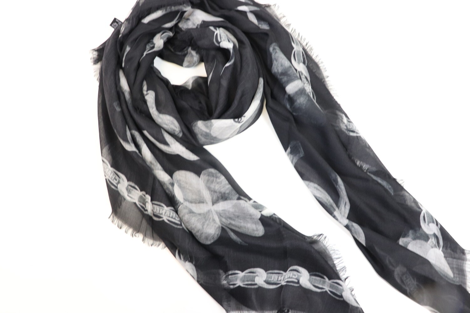 Chanel Scarf Lightweight Cashmere, Black with Chain Border, New - No Box