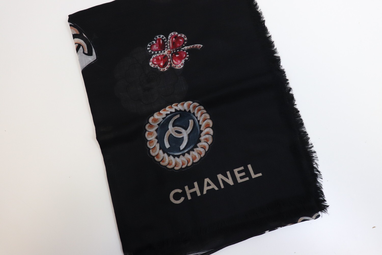 Chanel Scarf Lightweight Cashmere, Black with Charms, New - No Box