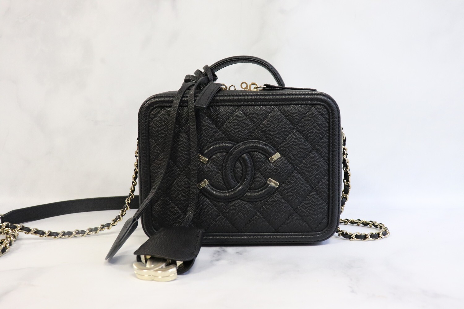 Chanel Vanity Filigree Small, Black Caviar Leather, Light Gold Hardware, Preowned in Box