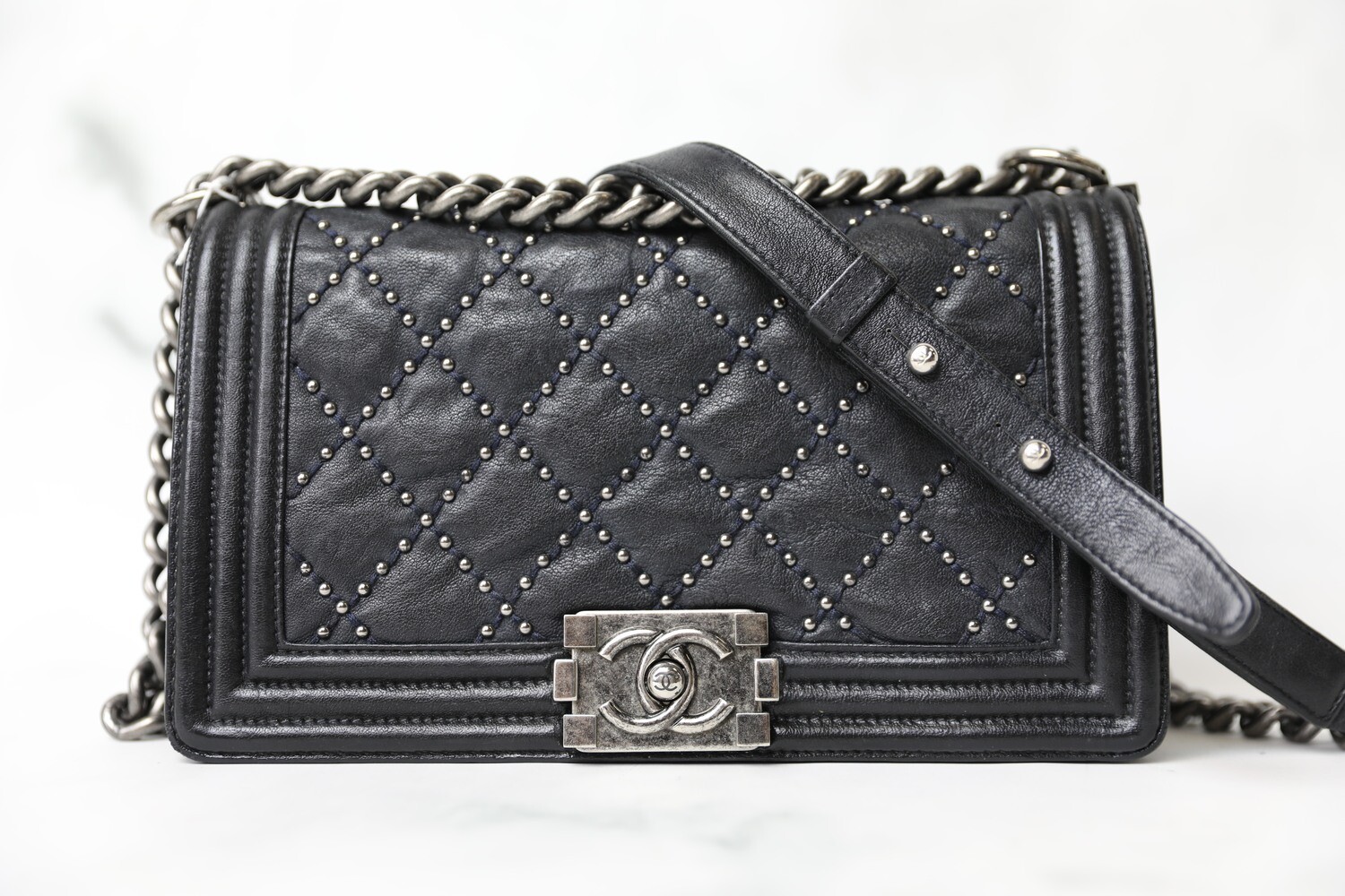 Chanel Boy Old Medium, Black Studded Calfskin with Ruthenium Hardware, Preowned in Box WA001