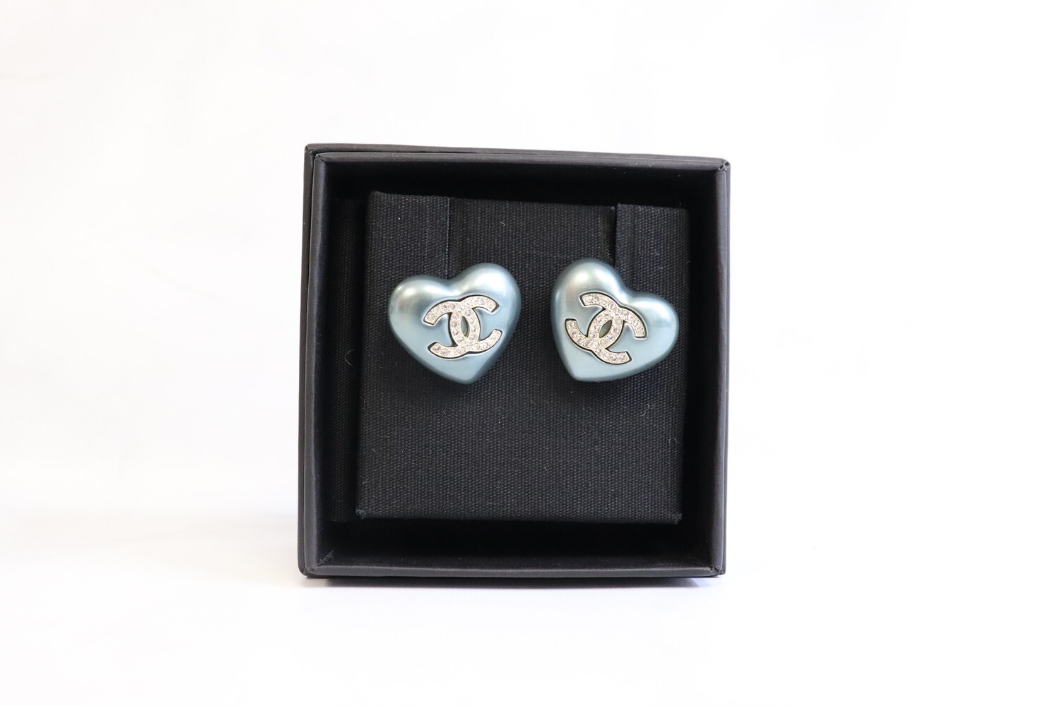 Chanel Earrings Heart Blue Studs with CC, New in Box