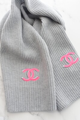 Chanel Cashmere/Wool Scarf, Gray with Hot Pink CC Logo, New in Box Chanel Cashmere/Wool Scarf, Gray with Hot Pink CC Logo, New in Box