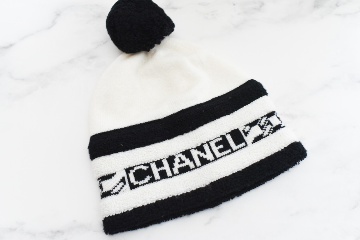 Chanel Beanie Hat, Black and White with Pom Pom, New