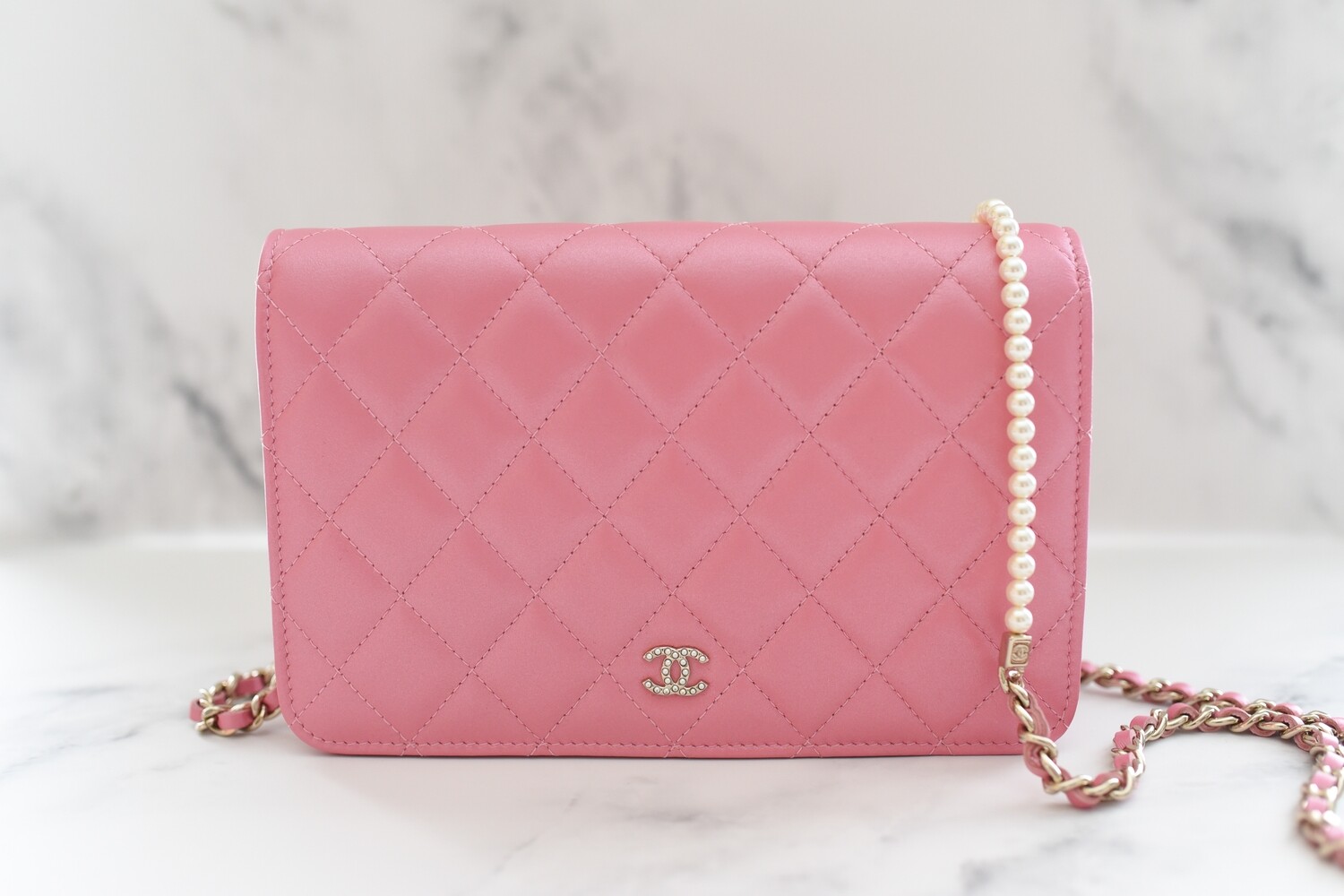 Chanel Wallet on Chain with Pearl Chain, Pink Lambskin Leather with Gold Hardware, New in Box - GA001