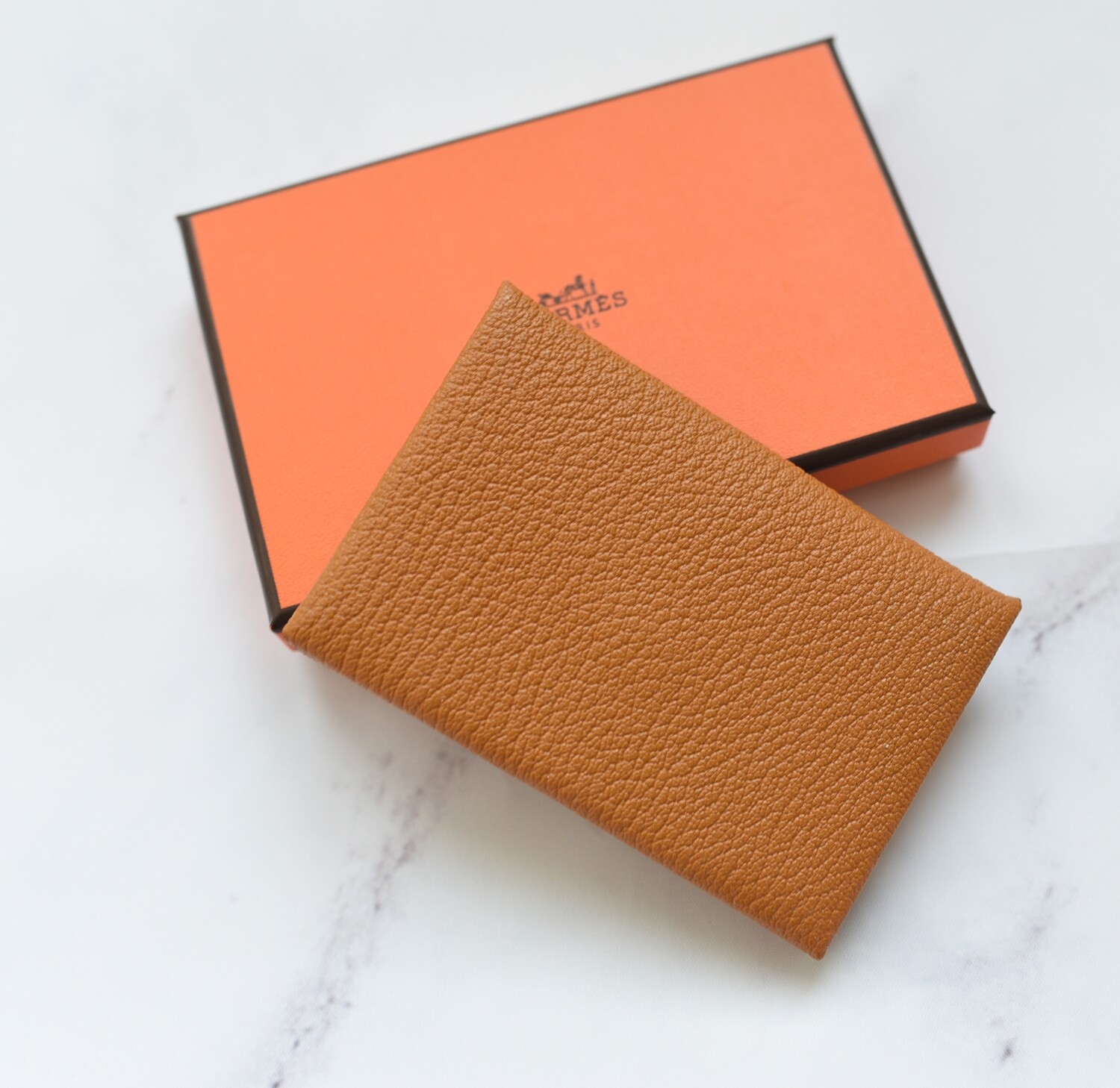 Hermes SLG Calvi Cardholder Wallet, Chevre Mysore Leather with Caramel / Rose Shocking, New in Box (Sourced from Paris)  - GA001
