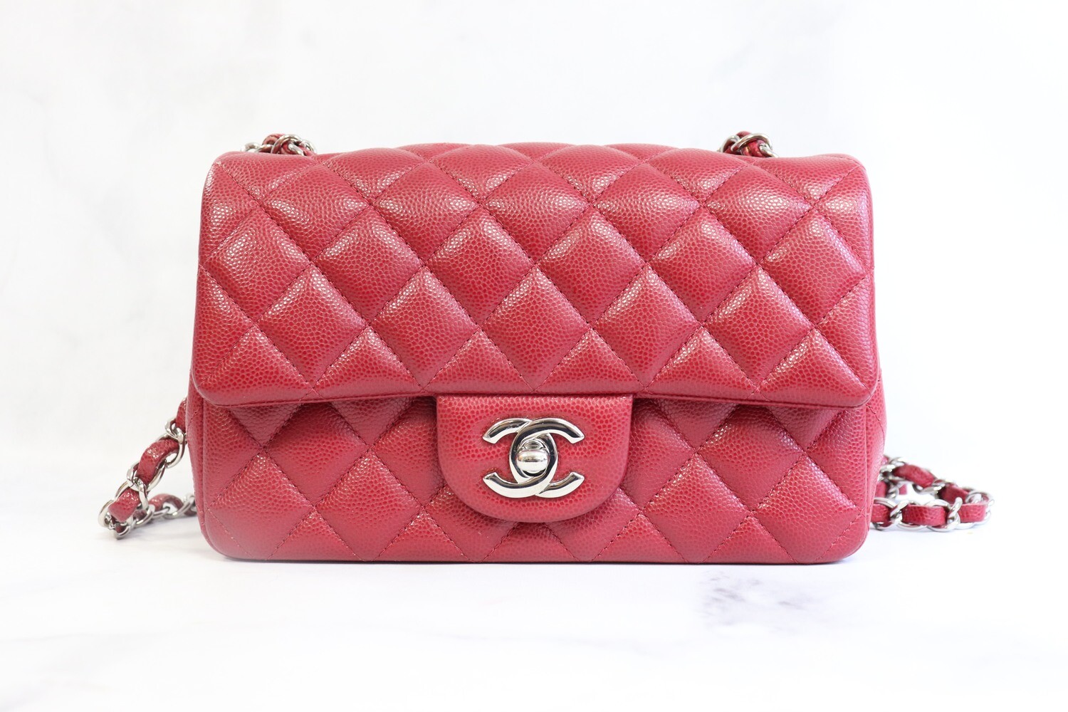 Chanel Mini Rectangle Red Caviar Leather, Silver Hardware, Preowned in Box