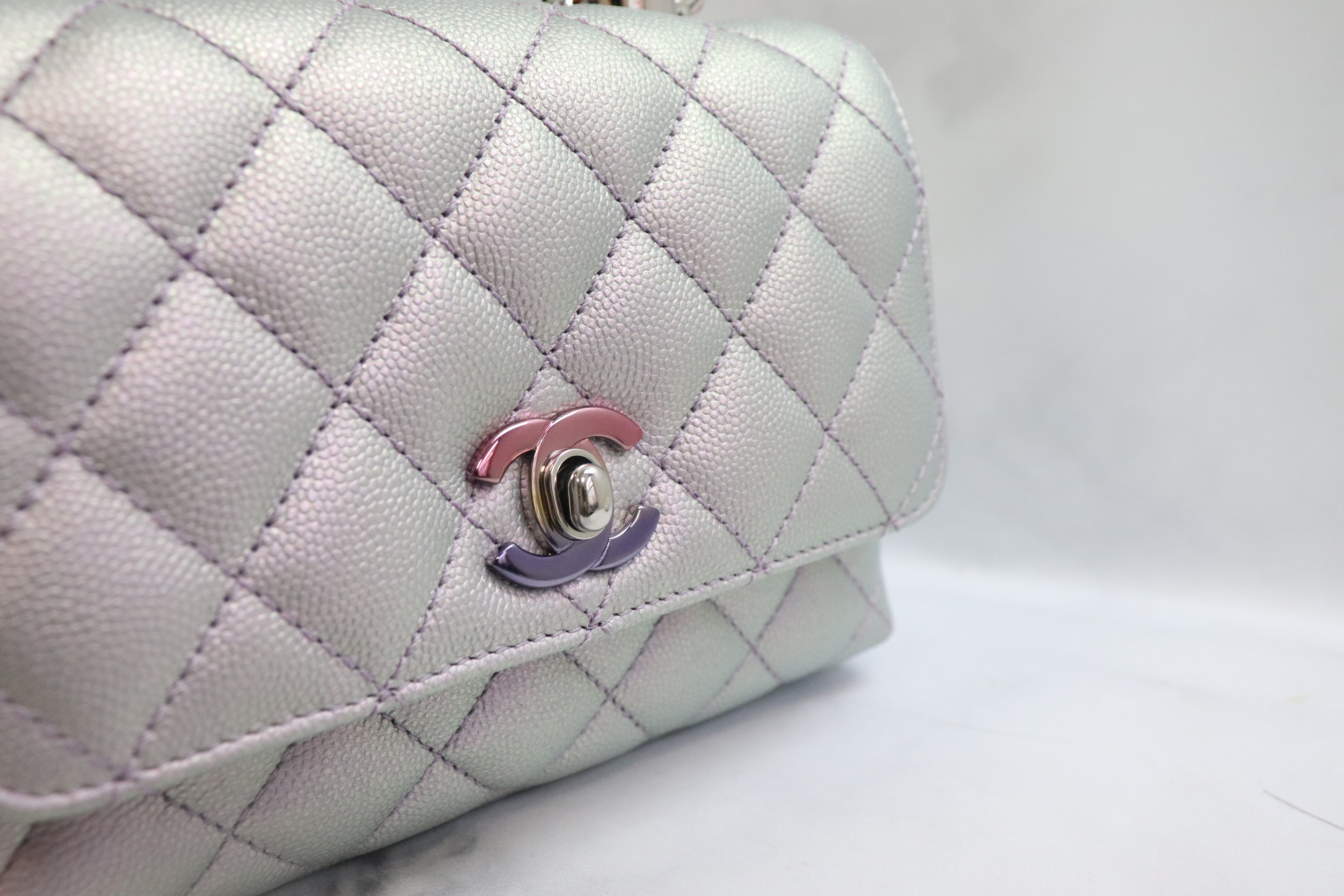 Chanel Coco Handle Mini 21K Purple Iridescent Caviar Leather, Rainbow  Hardware, New in Box