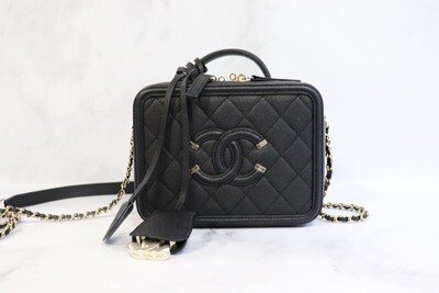 Chanel Filigree Vanity Mini, Black Caviar Leather, Light Gold Hardware, Preowned in Box