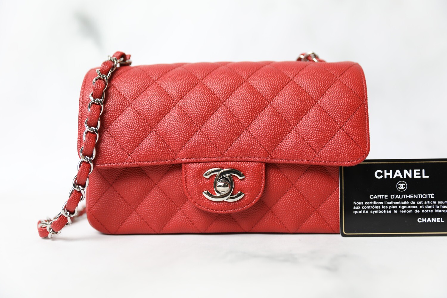 Chanel Classic Mini Rectangular, Red Caviar with Silver Hardware, Preowned in Box WA001