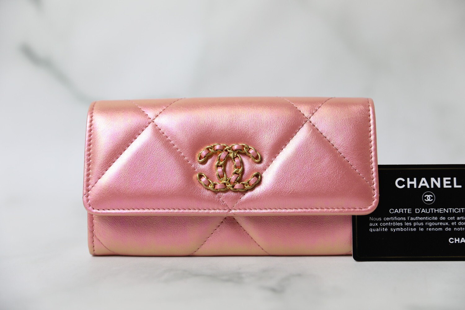 Chanel 19 SLG Wallet, Iridescent Pink with Gold Hardware, Preowned in Box WA001