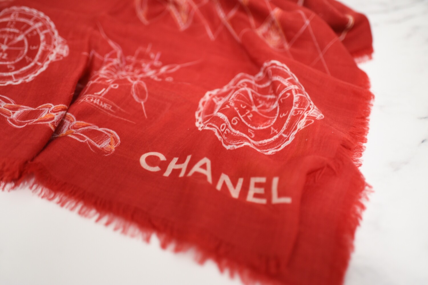 Chanel Scarf Lightweight Cashmere, Red with Charms, New - No Box