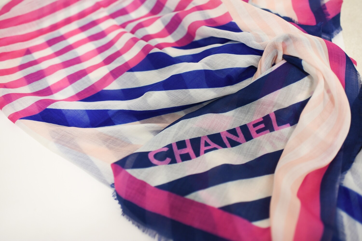 Chanel Scarf Lightweight Cashmere, Navy and Hot Pink Stripes, New - No Box GA004