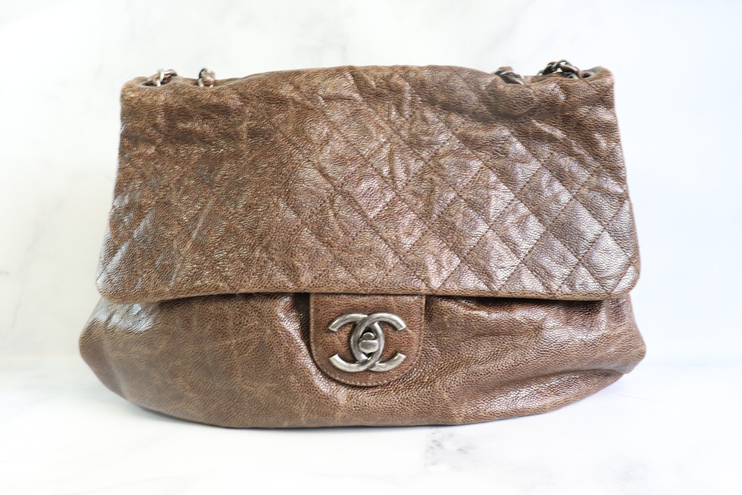 Chanel Seasonal 12A Brown Khaki Distressed Caviar Maxi Elastic Flap Bag, Ruthenium Hardware, Preowned - No Dustbag