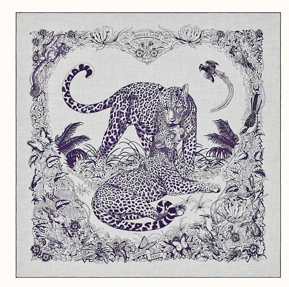 Hermes Scarf Shawl Cashmere, Jungle Love Tattoo, Naturel/Bleu Noir, New Without Box