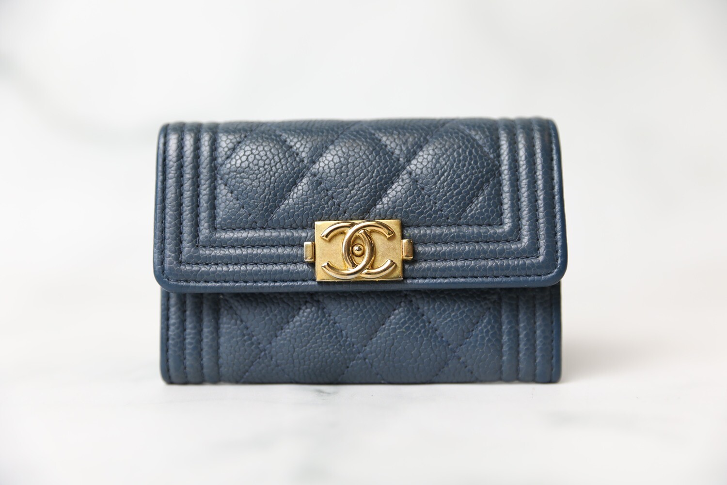 Chanel SLG Boy Snap Cardholder, Blue Caviar with Gold Hardware, Preowned in Box WA001