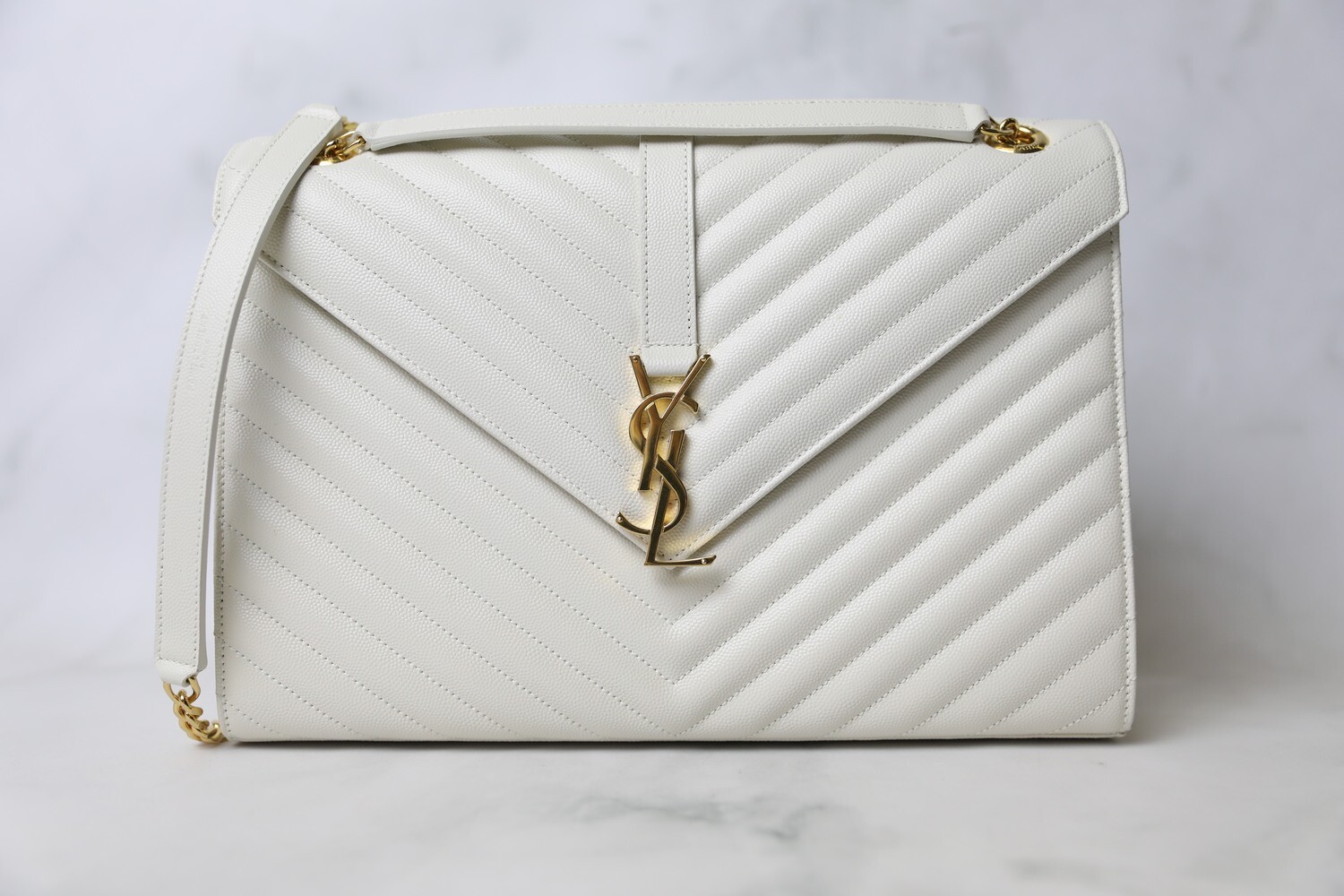 Saint Laurent Envelope Large, White Pebbled Leather with Gold Hardware, Preowned in Dustbag WA001