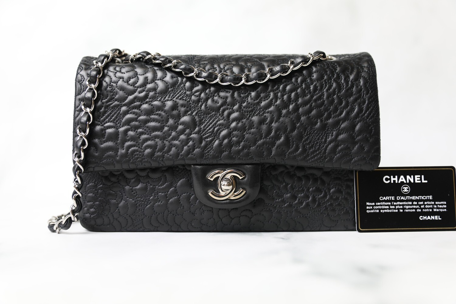 Chanel Medium Camellia Flap, Black with Silver Hardware, Preowned in Box WA001