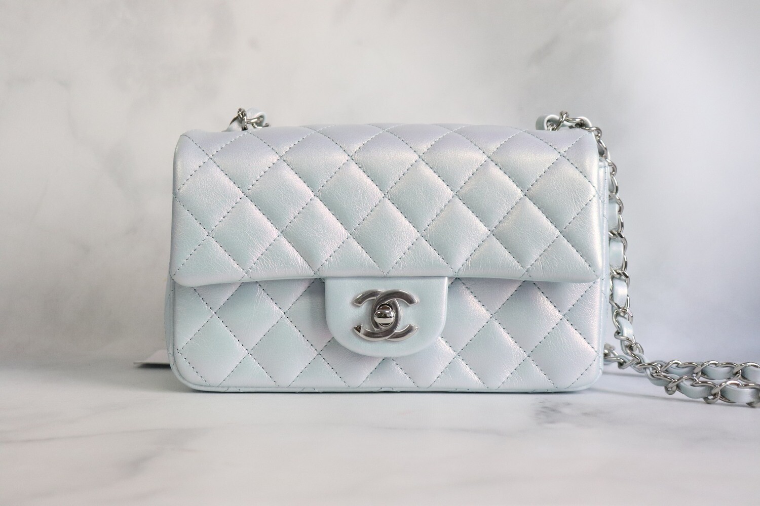 Chanel Light Blue Iridescent Quilted Calfskin Square Mini Classic