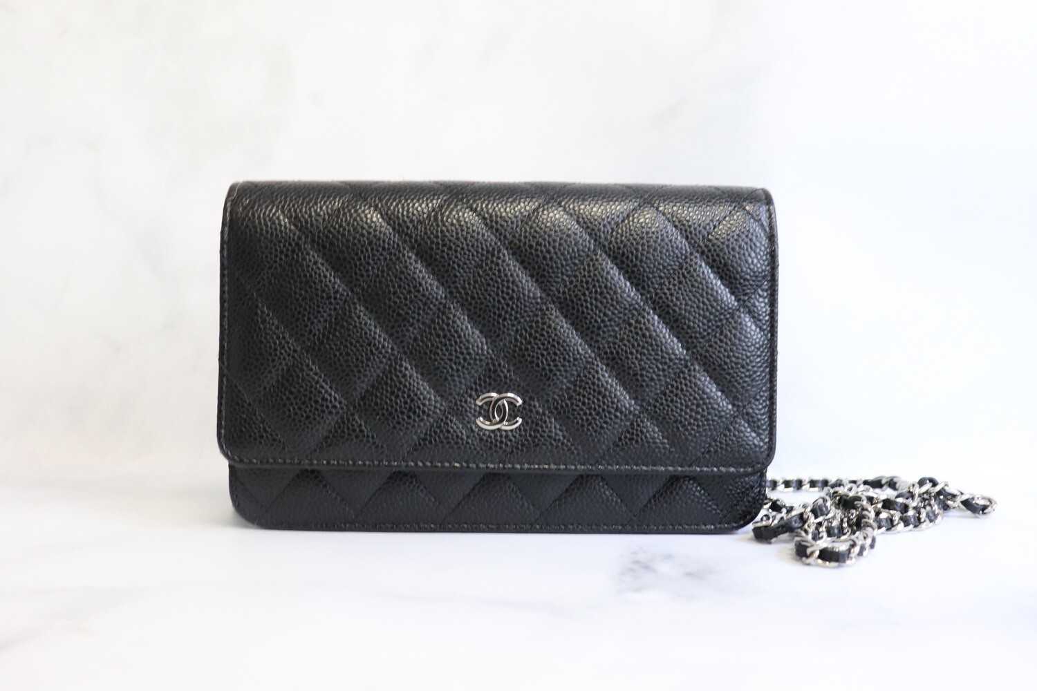 Chanel Wallet on Chain, Black Caviar with Silver Hardware, Preowned with Box