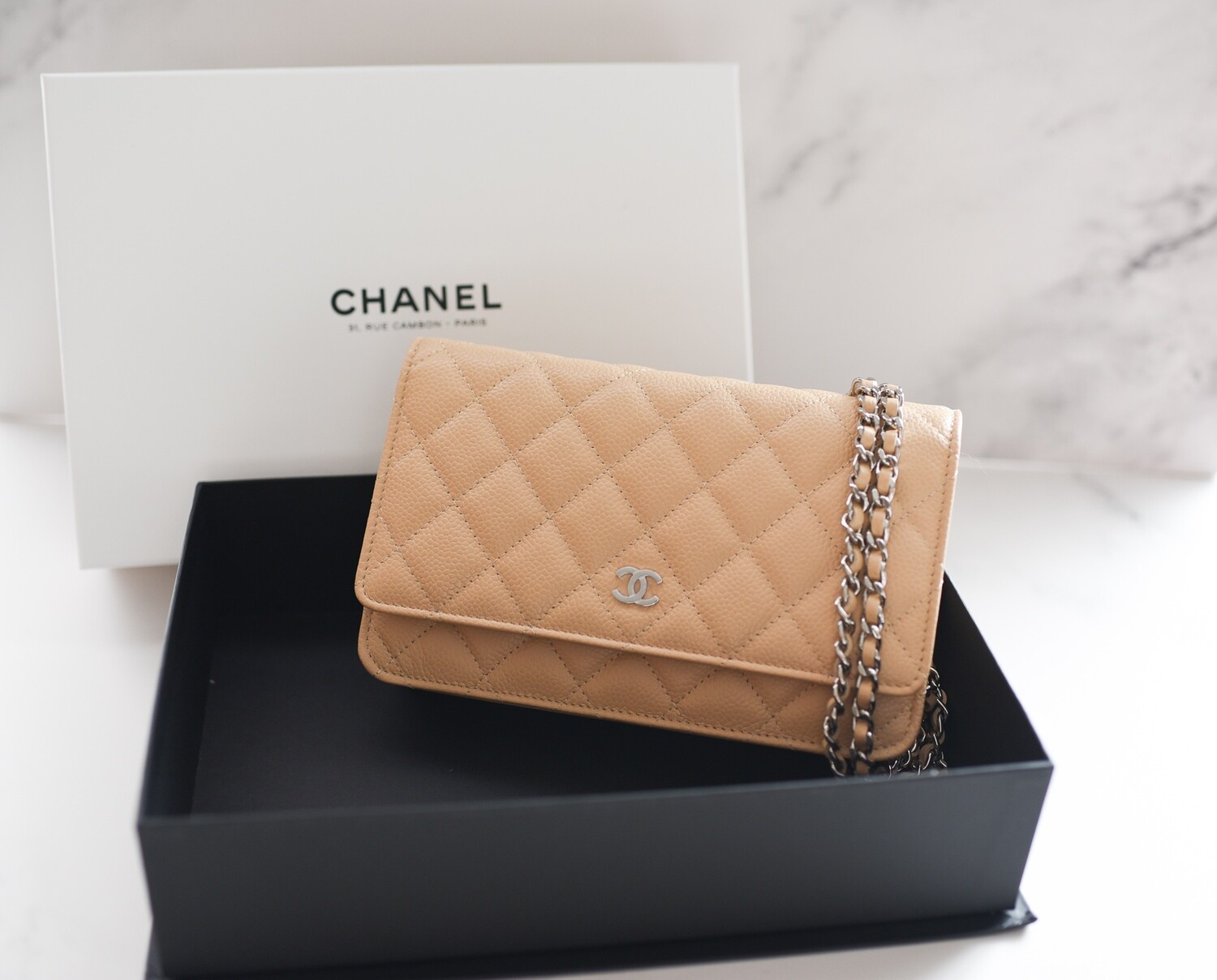 Chanel Classic Wallet on Chain, Beige Clair Caviar with Silver Hardware, New in White Box (Sourced from Paris) GA001