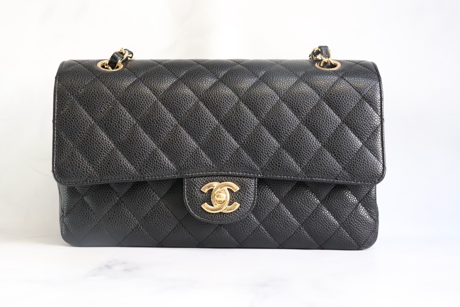 Chanel Classic Medium Double Flap, Black Caviar Leather, Gold Hardware,  Preowned in Box