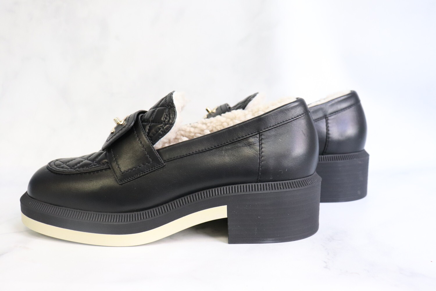 Chanel Shoes Loafers Black with Gold Hardware, Shearling Interior, New in Box