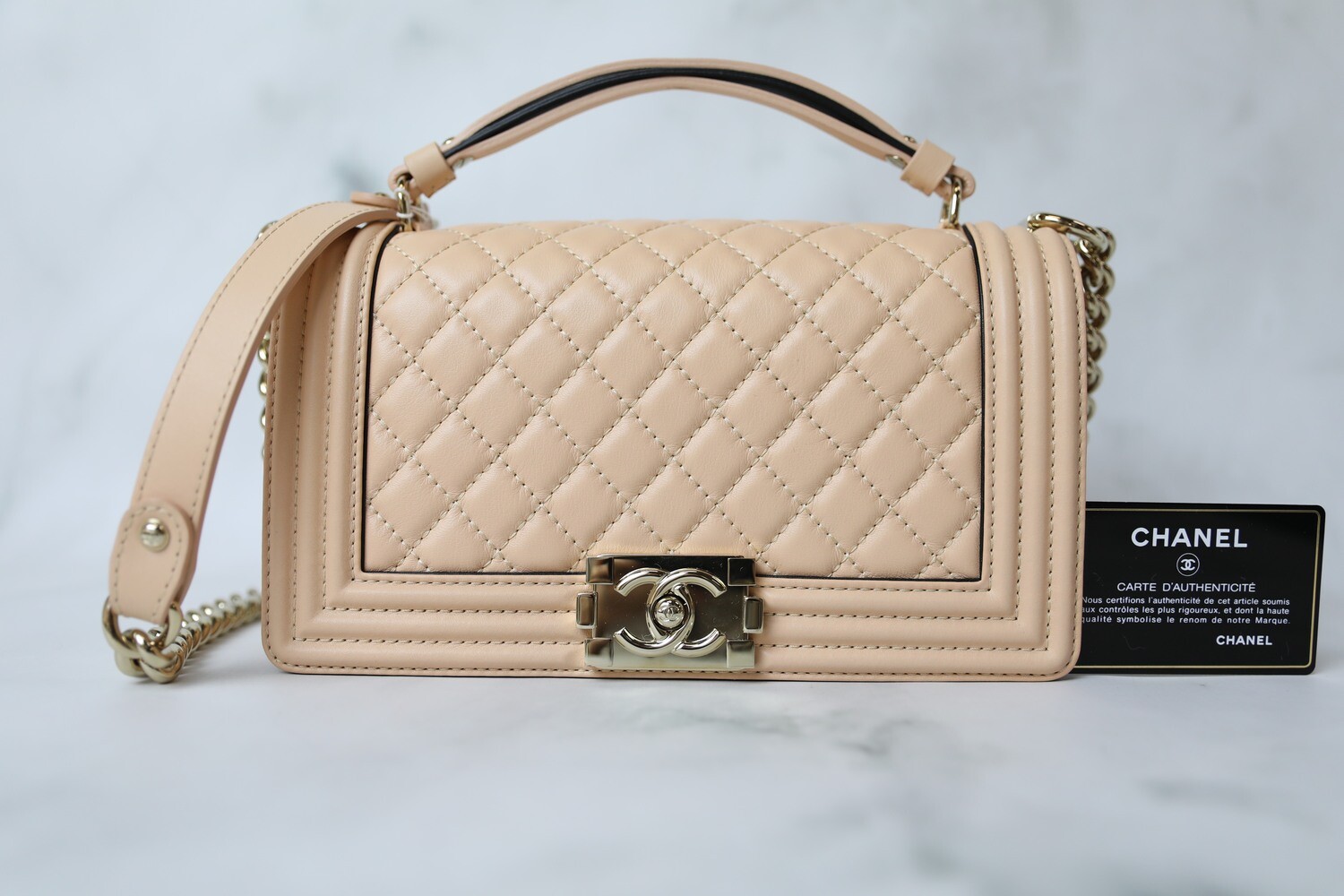 Chanel Boy Old Medium with Top Handle, Beige Calfskin with Gold Hardware, Preowned in Box WA001