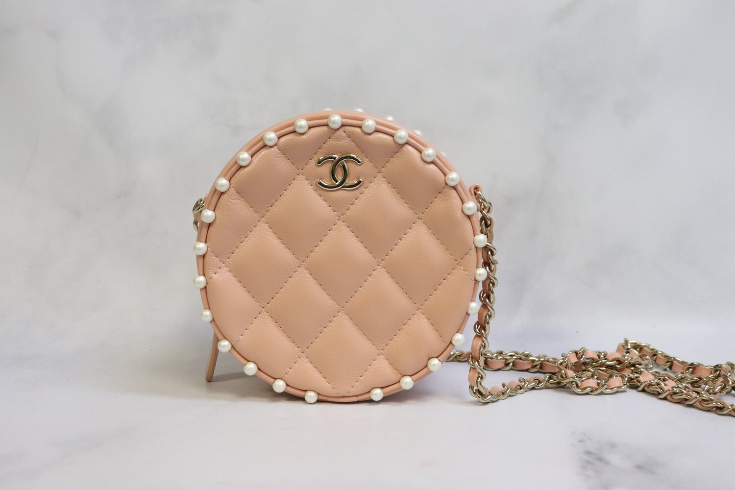 Chanel SLG Round Pearl Pink Lambskin Leather, Gold Hardware, Preowned in Box