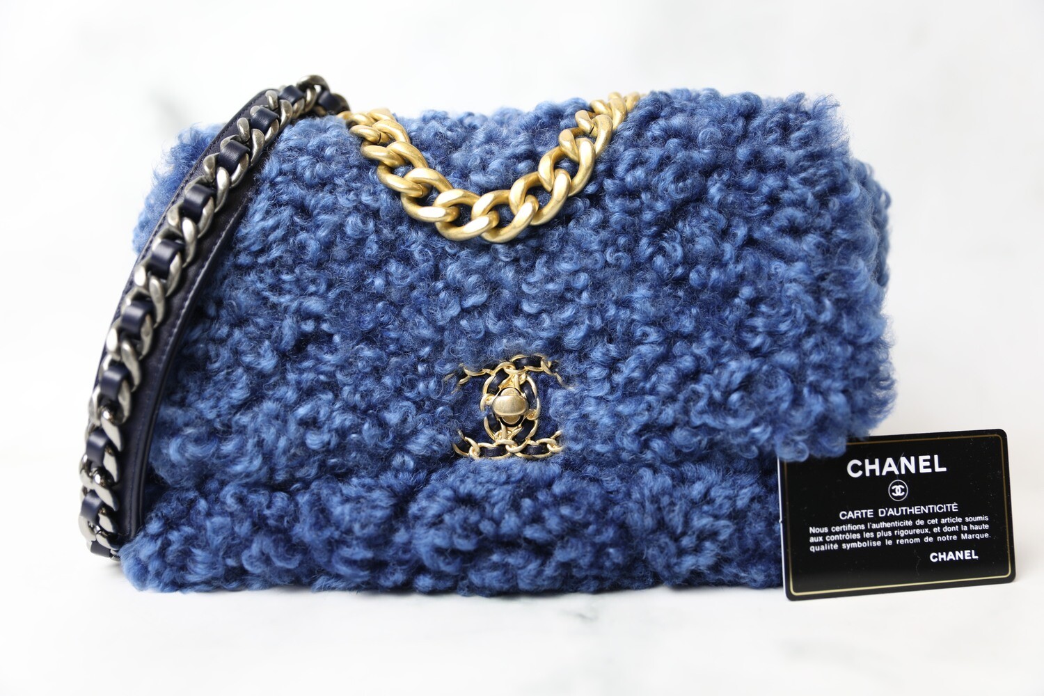 Chanel 19 Small, Blue Shearling, Preowned in Box WA001