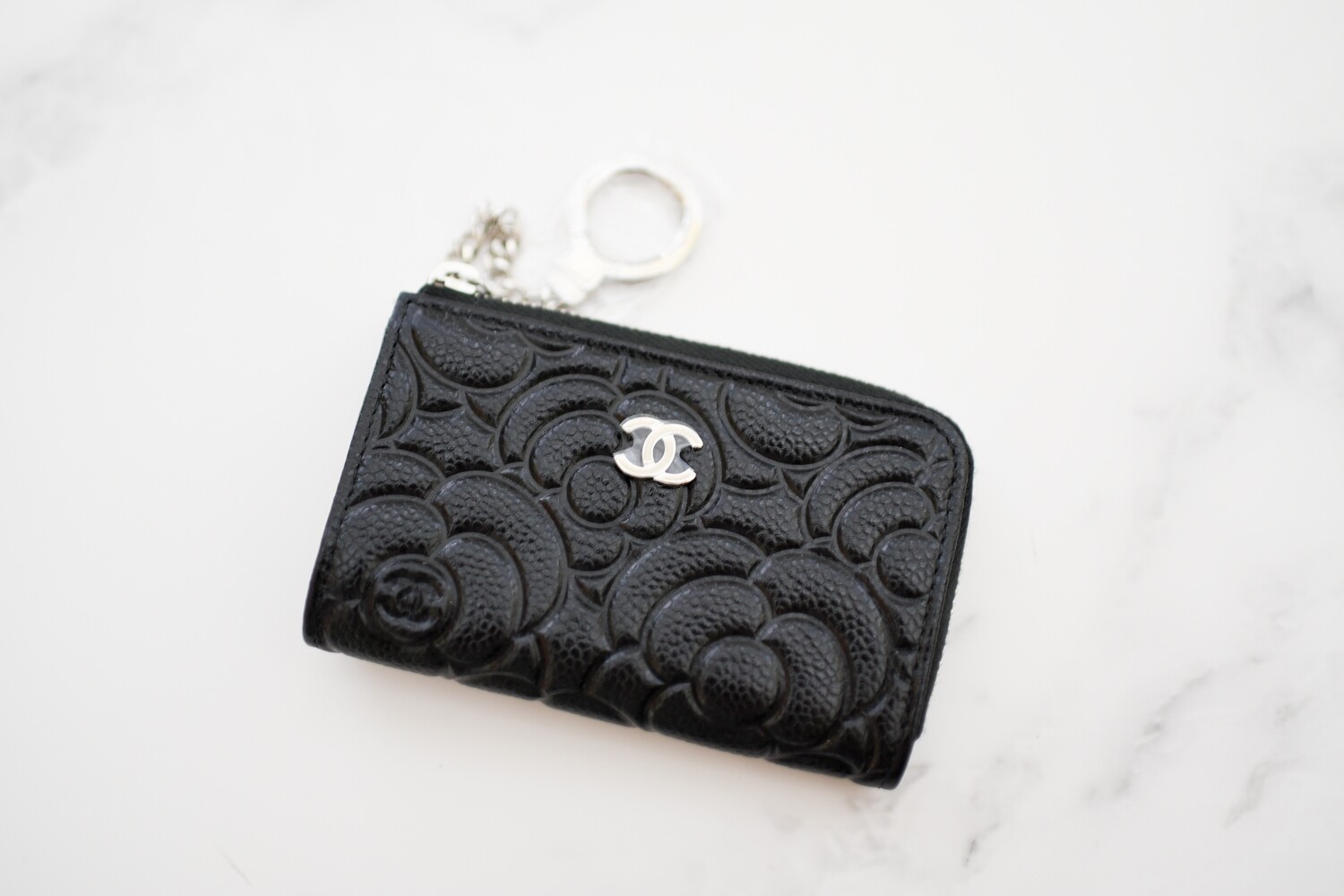 Chanel SLG Camellia Zip Key Card Holder, Black Caviar with Silver Hardware, New in Box GA001