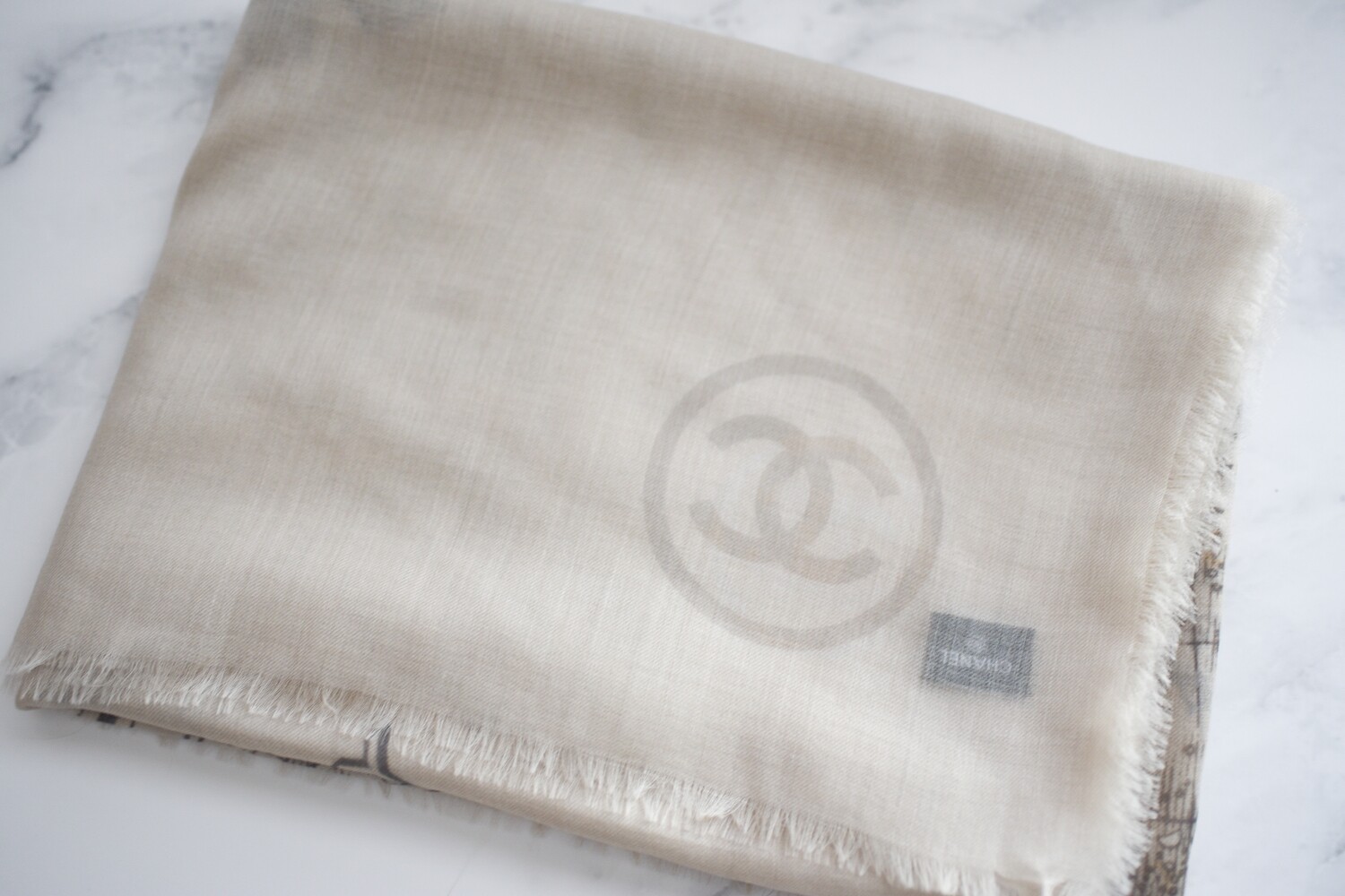 Chanel Scarf Lightweight Cashmere, Beige World Map, New - No Box