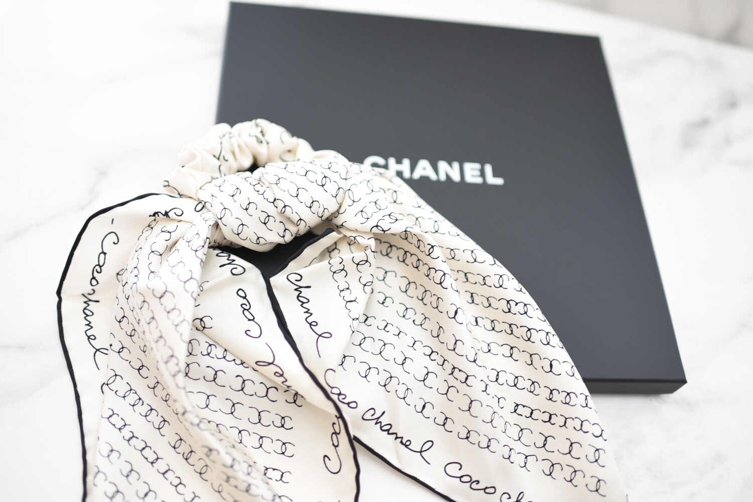 Chanel Scarf and Scrunchie, Black with Ivory Silk, New in Box, MA001