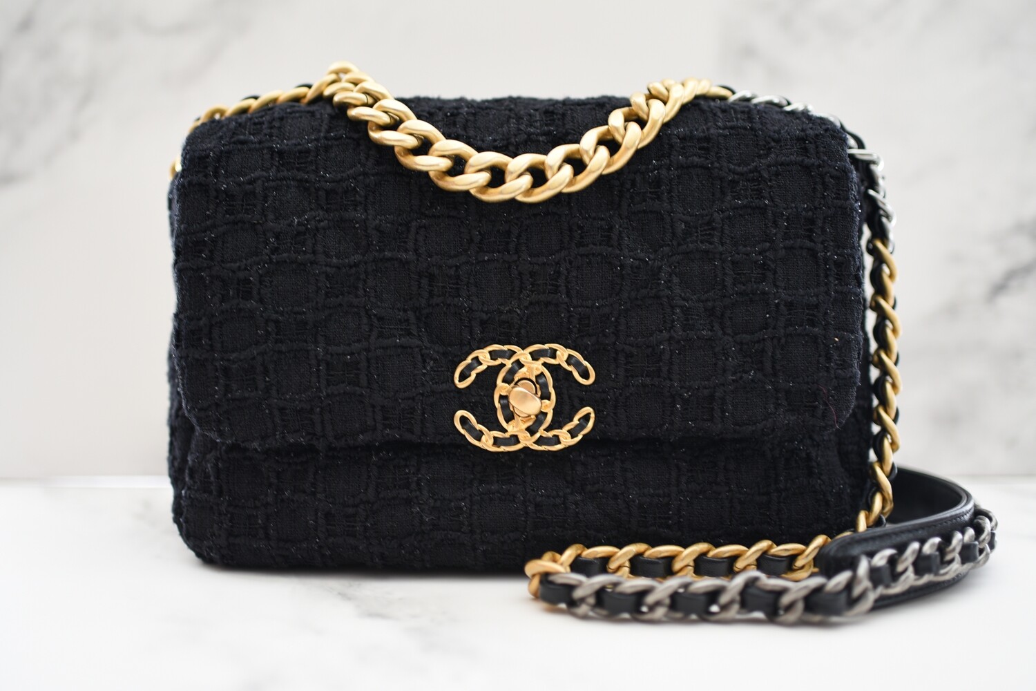 Chanel 19 Small, Black Tweed with Metallic Thread, New in Box GA001