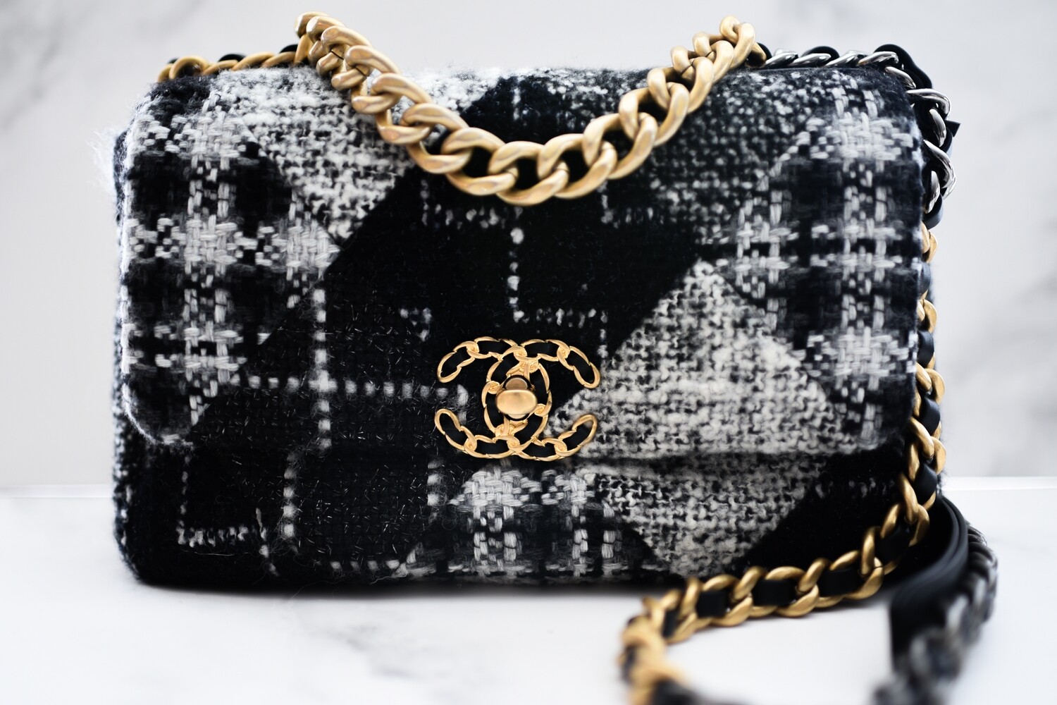 Chanel 19 Tweed, Small, Black and White Patchwork Tweed, Mixed Metal Hardware, New in Box GA001