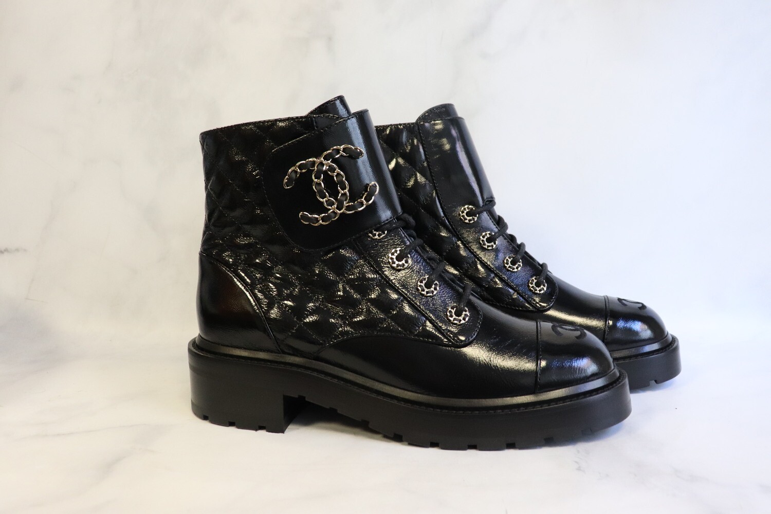 Chanel Combat Boots, Shiny Black Calfskin, New in Box Julia Rose