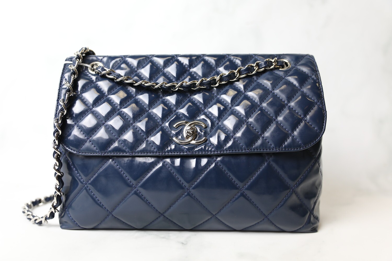 Chanel Large Flap Bag, Navy Patent with Silver Hardware, Preowned in  Dustbag WA001