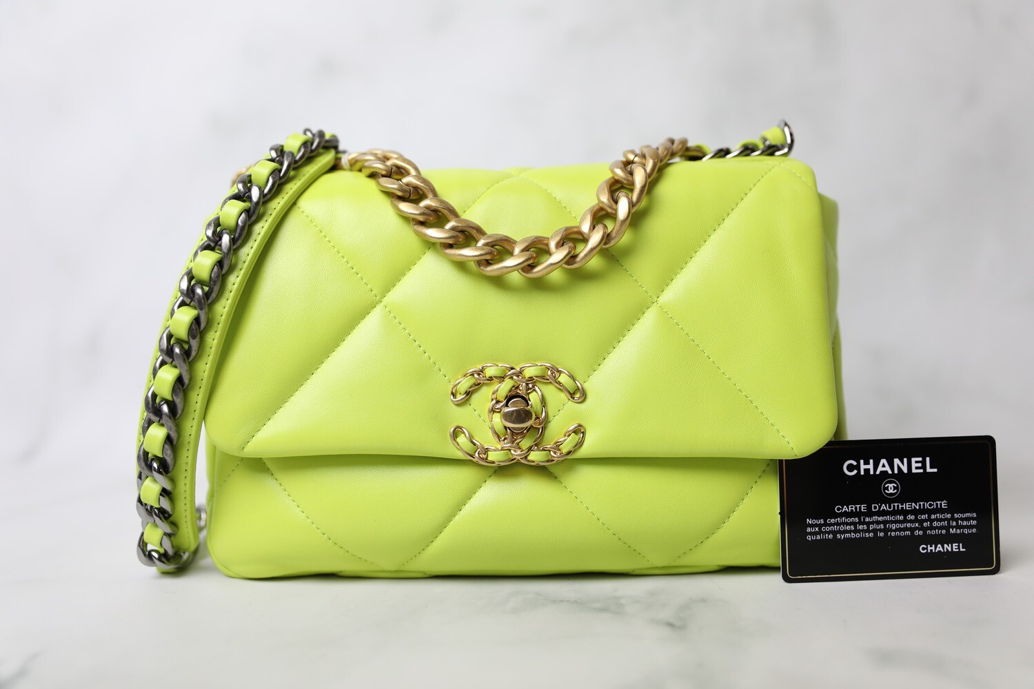 Chanel 19 Small, Neon Yellow Lambskin, Preowned in Box WA001