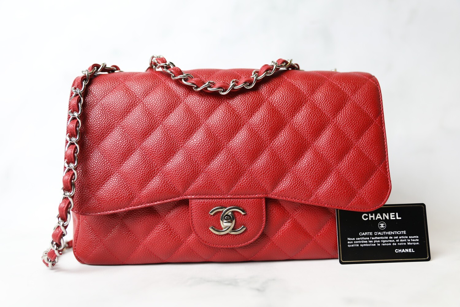 Chanel Classic Jumbo Single Flap, Red Caviar with Silver Hardware, Preowned in Box WA001