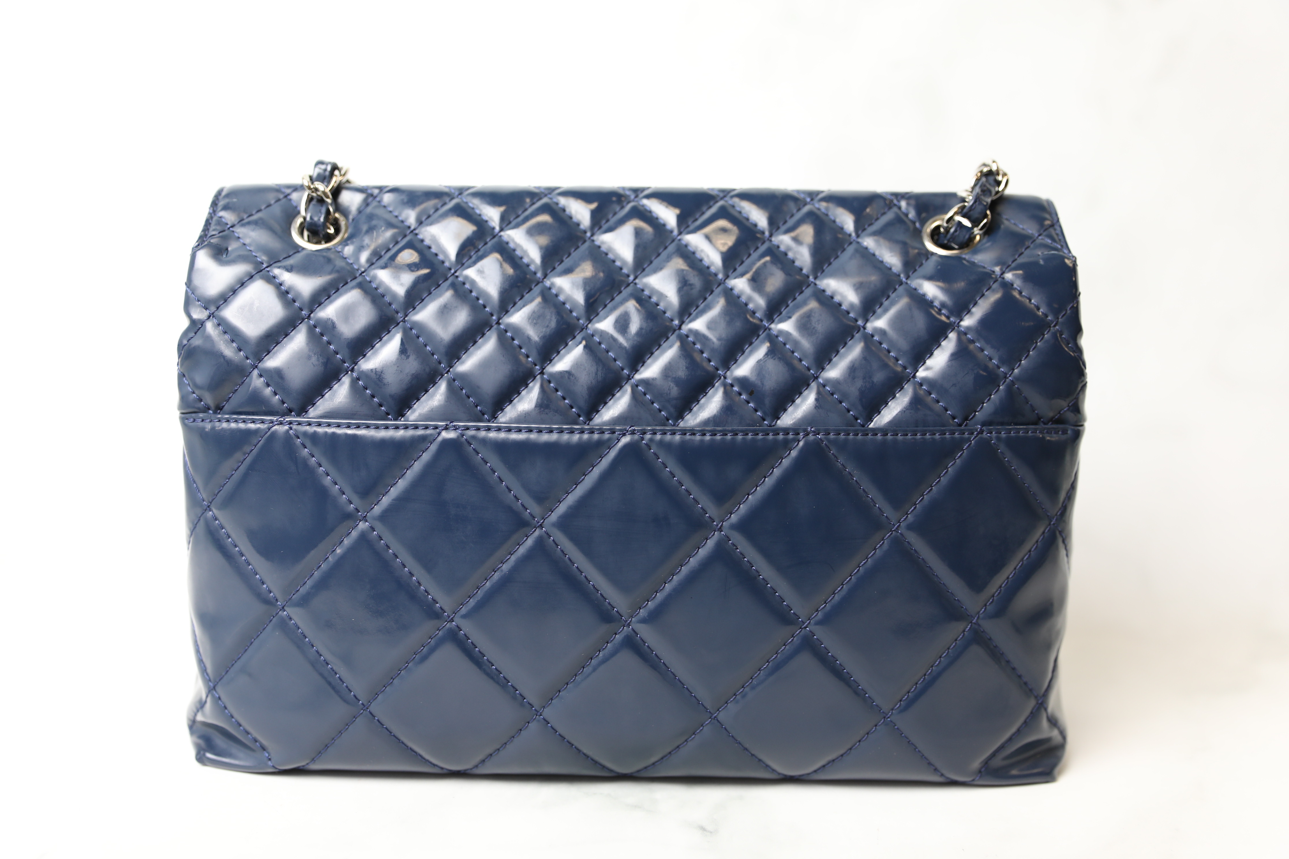 Chanel Large Flap Bag, Navy Patent with Silver Hardware, Preowned in  Dustbag WA001 - Julia Rose Boston
