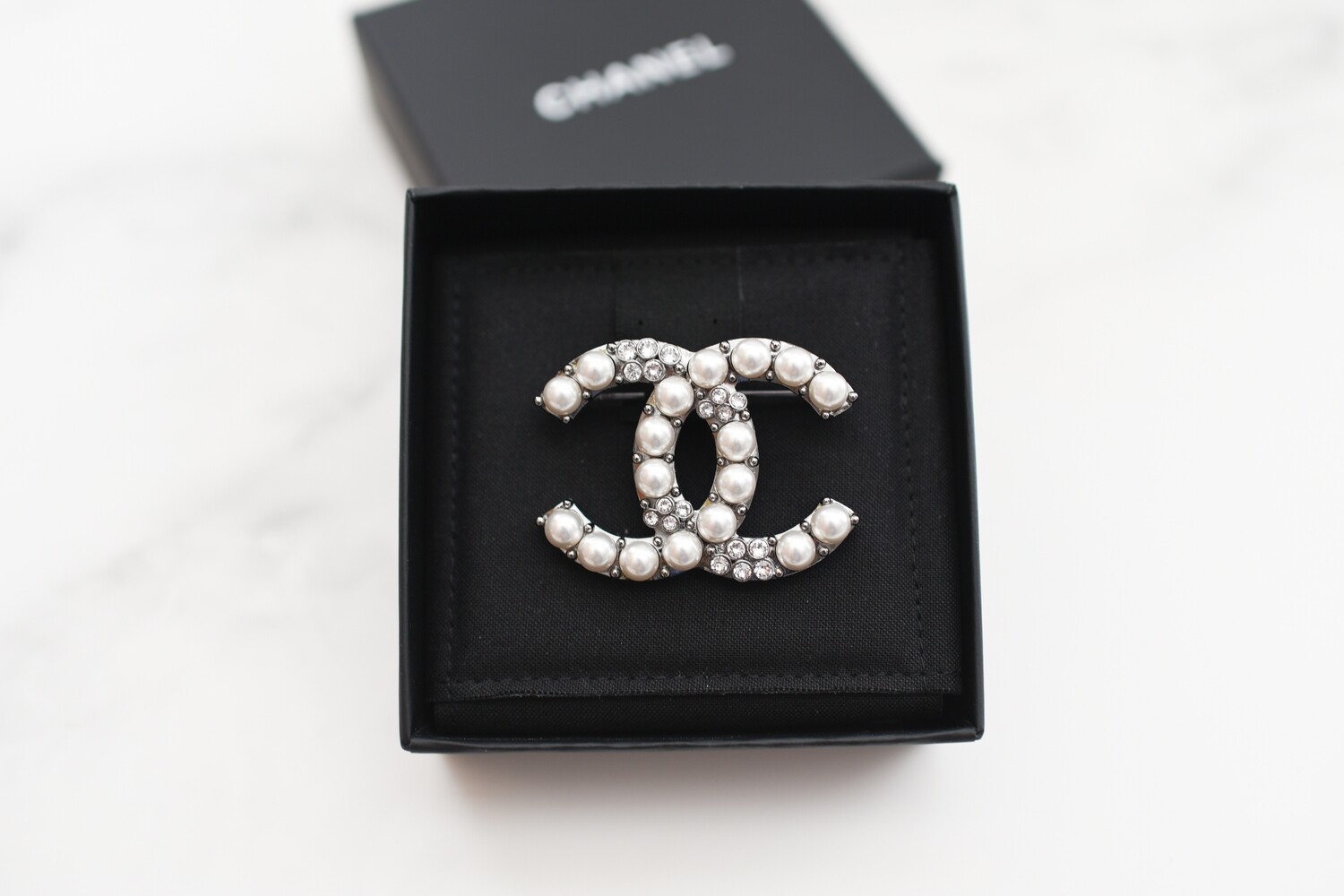 Chanel Crystal and Pearl Brooch, Dark Silver, New in Box GA001
