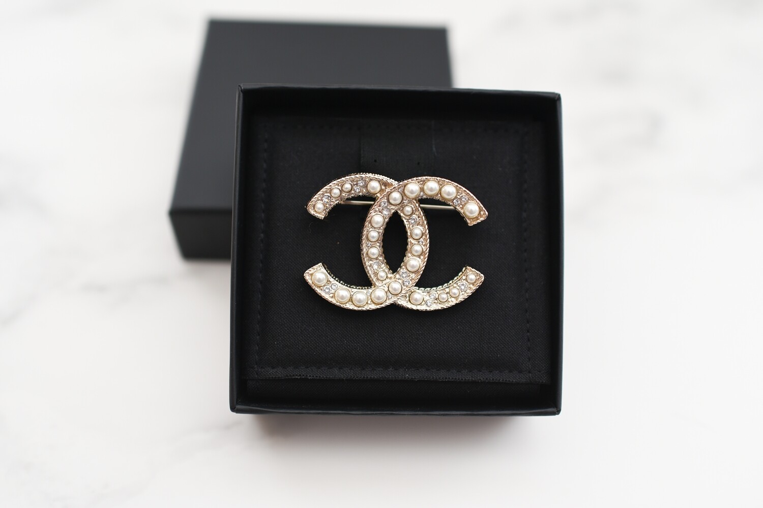 Chanel Crystal and Pearl Brooch, Gold, New in Box GA001
