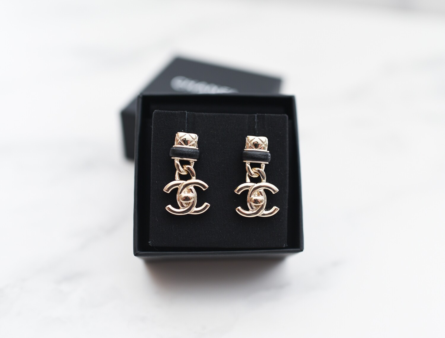 Chanel Earrings CC Turnlock Drop with Leather Trim, Gold, New in Box