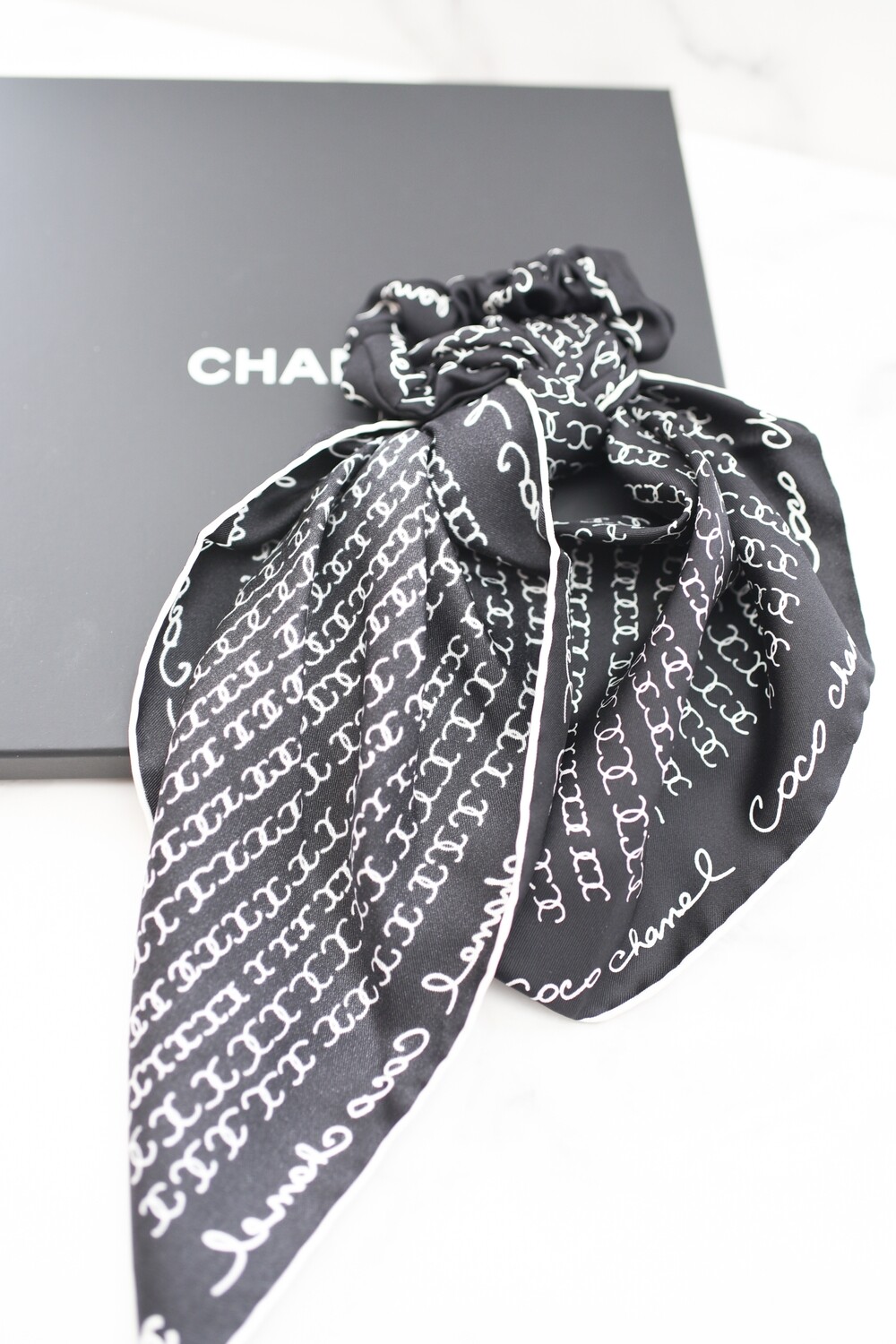 Chanel Scarf and Scrunchie, Black with Ivory Silk, New in Box GA001