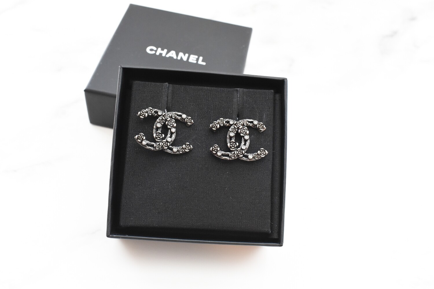 Chanel Earrings Large CC Crystal Camellia Studs, Dark Silver, New in Box GA001 MA001