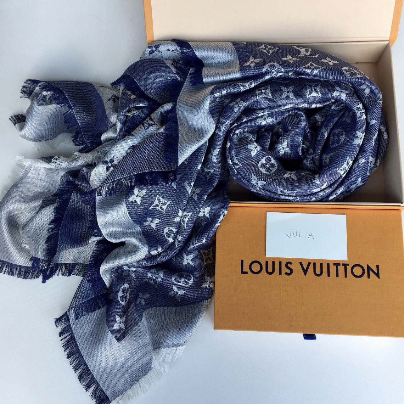 Louis Vuitton Monogram Shawl, Denim Blue, with Blemish - No Box - MA001